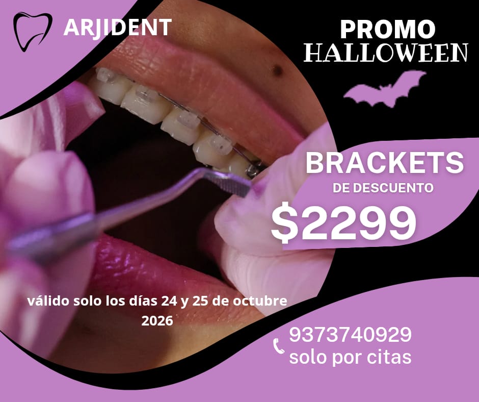Promo Halloween en Arjident: brackets con descuento por $2299, válido el 24 y 25 de octubre de 2026, solo por citas
